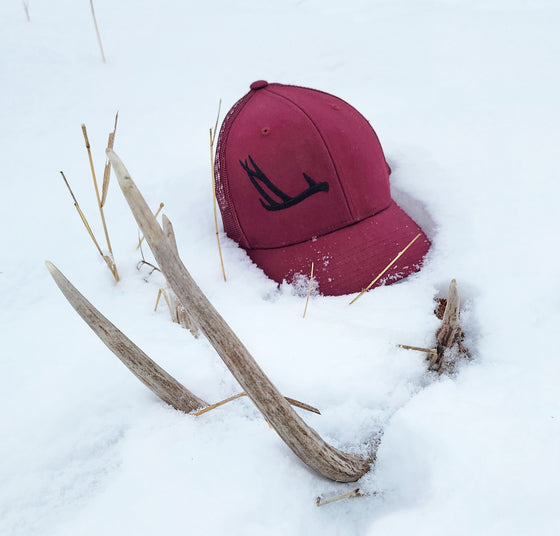 Antler Logo Shed Hunting Snapback Hat, Unisex, Cranberry or Grey