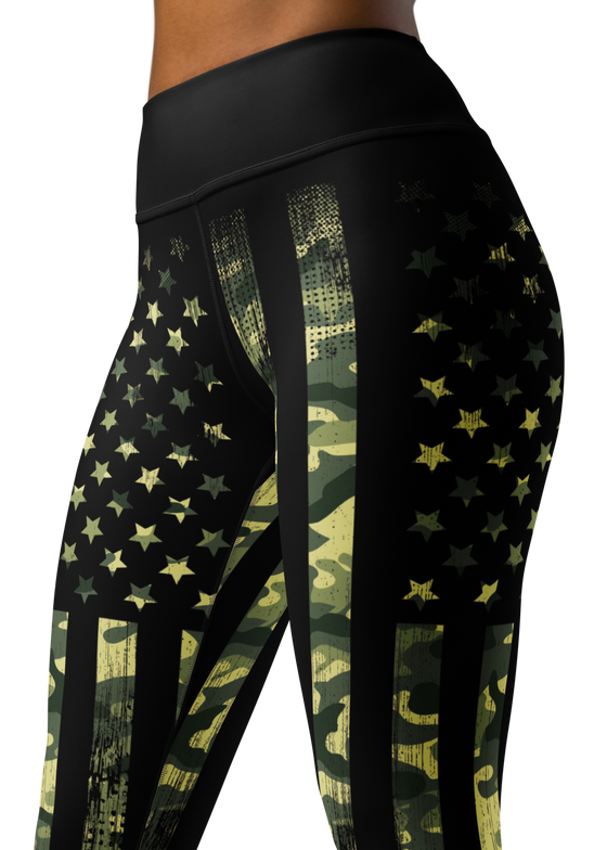 Close up photo of River to Ridge camo flag leggings with stars and stripes in camo