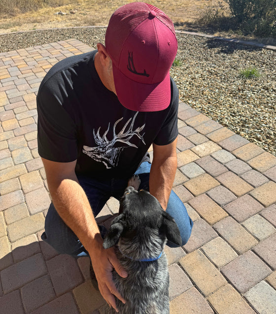 Product mockup of an antler logo shed hunting hat from River to Ridge Clothing company with a deer antler stitched on it on one side of the front and a guy wearing it and an elk t shirt with his blue heeler dog