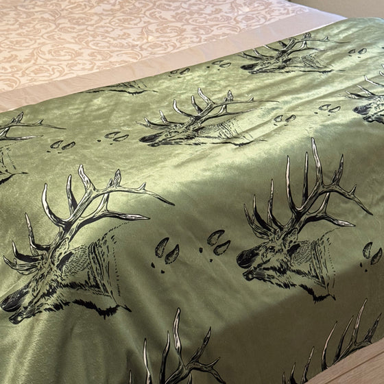 Elk Logo Throw Blanket from River to Ridge Clothing Brand, olive with elk and tracks pattern