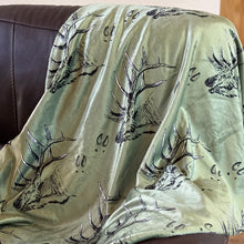  Elk Logo Throw Blanket from River to Ridge Clothing Brand, olive with elk and tracks pattern