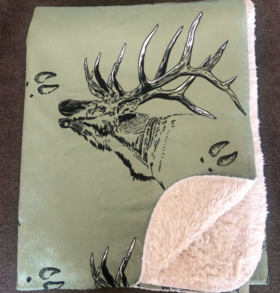 River to Ridge Brand Elk Logo Sherpa Fleece Blanket in Olive green with a bugling elk and elk tracks on it