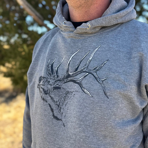 River to Ridge Clothing brand Elk Logo Mens Grey Hoodie with a bugling elk with large antlers