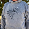 River to Ridge Clothing brand Elk Logo Mens Grey Hoodie with a bugling elk with large antlers