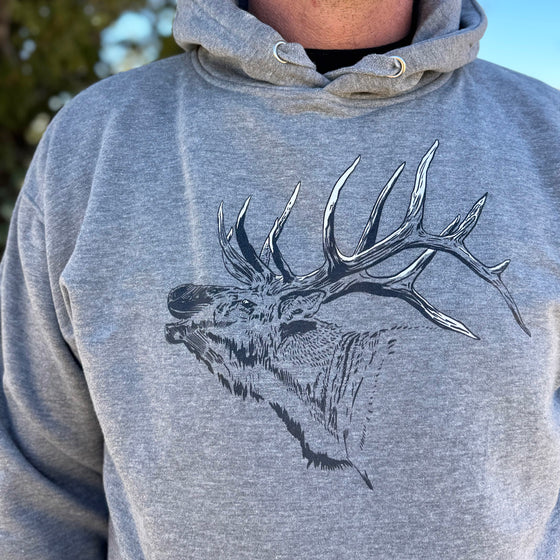 River to Ridge Clothing brand Elk Logo Mens Grey Hoodie with a bugling elk with large antlers