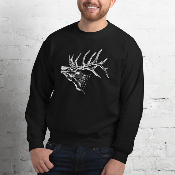 Mens elk hunting logo sweatshirt from river to ridge clothing brand, black with white bugling elk logo