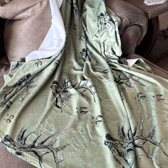 Elk Logo Throw Blanket from River to Ridge Clothing Brand, olive with elk and tracks pattern