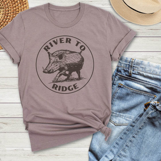 Womens t shirt in pebble brown with a hog hunting logo on it from River to Ridge Clothing Brand