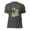 Christian Scripture T Shirt from River to Ridge Clothing Brand with an outdoor scene and waterfall and tent by a river and Isaiah 12:3