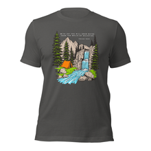  Christian Scripture T Shirt from River to Ridge Clothing Brand with an outdoor scene and waterfall and tent by a river and Isaiah 12:3