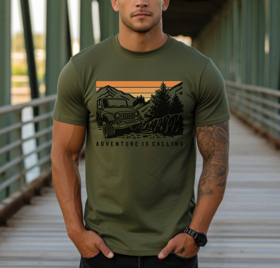 Adventure is Calling, Men's Offroading T, Olive or Ivory