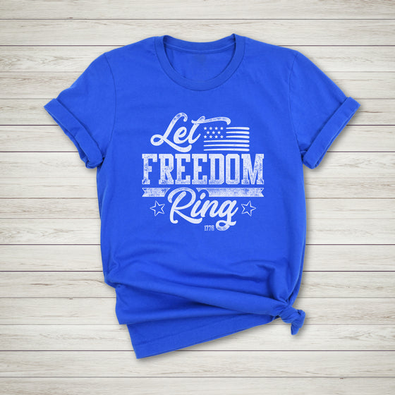 Let Freedom Ring T shirt for women in red for 2A, 1776, from River to Ridge Clothing Brand