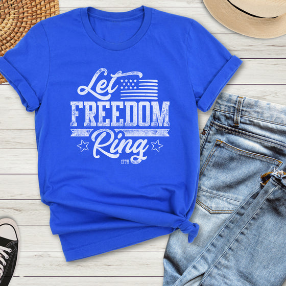 Let Freedom Ring T shirt for women in red for 2A, 1776, from River to Ridge Clothing Brand