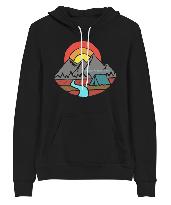 Womens hoodie in black and it says mountain air feeds my soul with a mountain a river and a tent on it from River to Ridge Brand