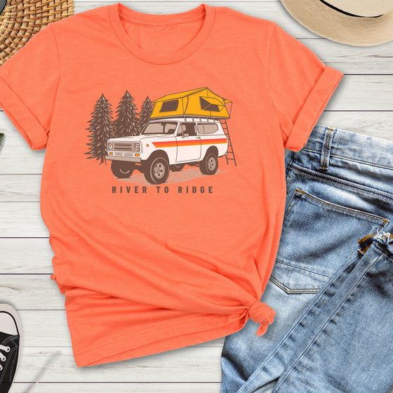 Women's Truck Camping Overland T, Heather Orange or Grey