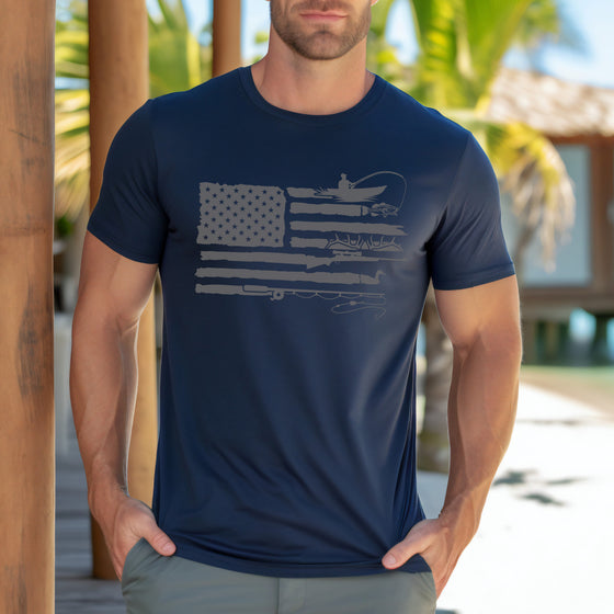 Product mockup of a River to Ridge Clothing brand Sportsmans Flag T shirt for Men, with the USA flag and a patriotic outdoor lifestyle theme in the stripes of fishing, hunting, antlers, bass, elk etc...