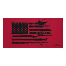  River to Ridge Brand Cleaning Mat with the Sportsmans Flag Logo on it in red and black with fishing, elk antlers and ducks and the USA flag