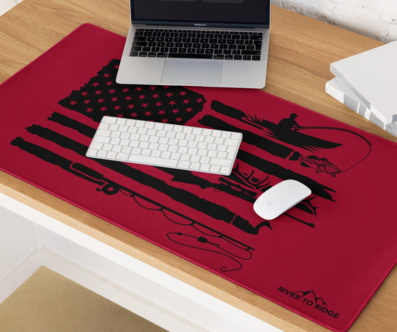 River to Ridge Brand Cleaning Mat with the Sportsmans Flag Logo on it in red and black with fishing, elk antlers and ducks and the USA flag as a computer mouse pad