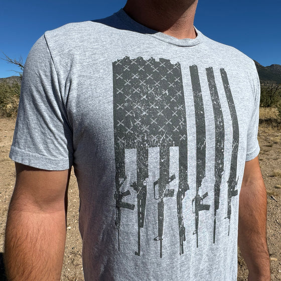 Men's Tactical 2A Gun Flag Patriotic T Shirt, Athletic Grey