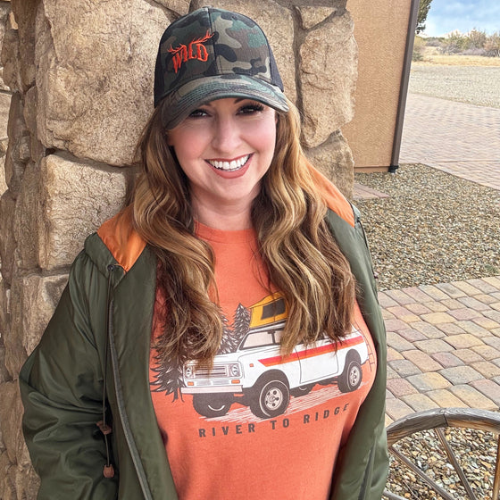 Women's Truck Camping Overland T, Heather Orange or Grey