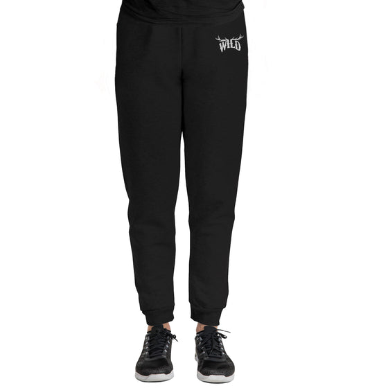 River to Ridge Clothing Brand Womens Joggers Sweatpants with WILD antler logo stitched on them in white