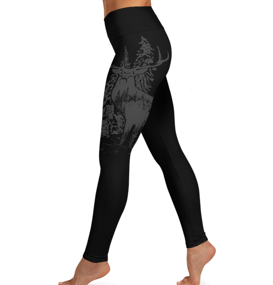 Full Length High Waist Leggings, Woodland Antler Logo, Black