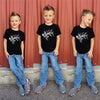 Childrens T shirt with elk logo on it from River To Ridge Clothing Brand, toddler wearing jeans and t shirt in 3 different posts with tennis shoes