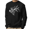 kids / boy wearing a sweatshirt in black with a white elk head on it bugling with its antlers up 