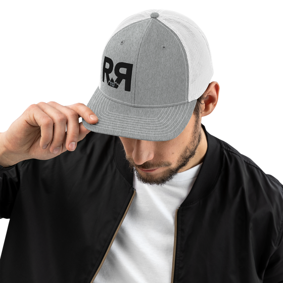 River to Ridge Logo R to R trucker hat in grey with white mesh back - worn by man with a beard