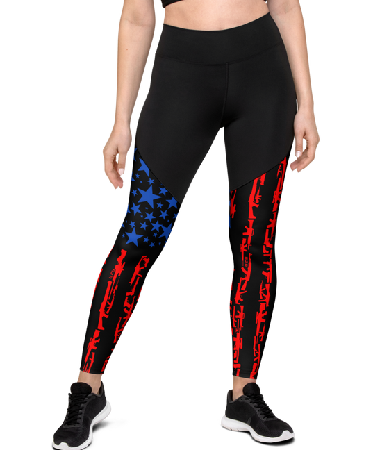 2A Gun Flag Patriotic Compression Leggings with Booty Lift from River to Ridge Clothing Brand