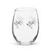 Product Mock up of an Elk Logo Stemless Wine Glass from River to Ridge brand