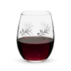 Product Mock up of an Elk Logo Stemless Wine Glass from River to Ridge brand with wine in it