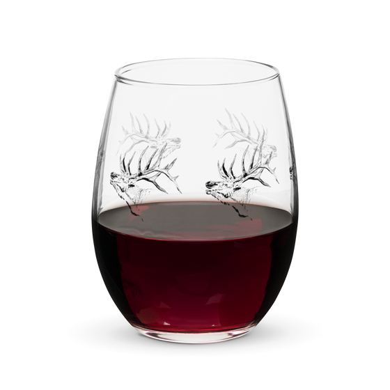 Product Mock up of an Elk Logo Stemless Wine Glass from River to Ridge brand with wine in it