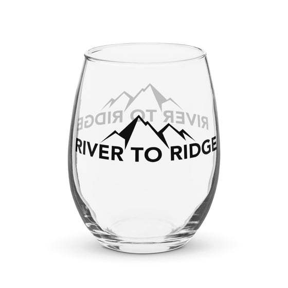 River to Ridge Brand stemless wine glass with our mountain logo on both sides