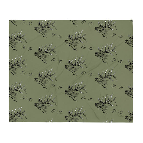 Elk Logo Throw Blanket from River to Ridge Clothing Brand, olive with elk and tracks pattern