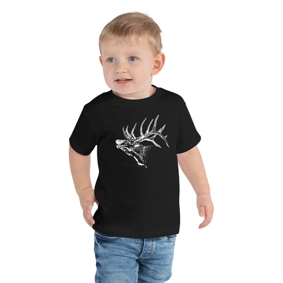 little boy toddler wearing an elk antler logo t shirt for kids in black from river to ridge brand