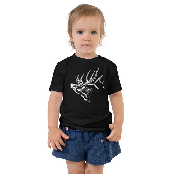 Childrens T shirt with elk logo on it from River To Ridge Clothing Brand, toddler little girl wearing antler elk shirt and skirt