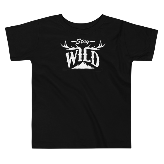 children's t shirt from river to ridge brand with the stay wild logo on it and elk antlers and mountains for kids