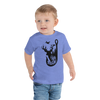 Little boy wearing a river to ridge brand outdoor life logo t shirt in blue with toddler jeans. Logo has bass fishing, duck hunting and deer hunt on it