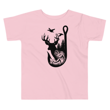  Little girls t shirt from River to ridge outdoors with a bass and a fishing hook and the shadow of a deer with antlers and ducks or geese flying in black