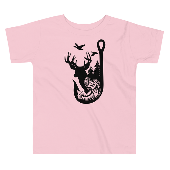 Little girls t shirt from River to ridge outdoors with a bass and a fishing hook and the shadow of a deer with antlers and ducks or geese flying in black