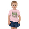 River to Ridge Clothing Brand Somewhere Over the Rainbow Toddler Trout Fishing T shirt with a woman fishing inside of a rainbow trout drawing. Pink