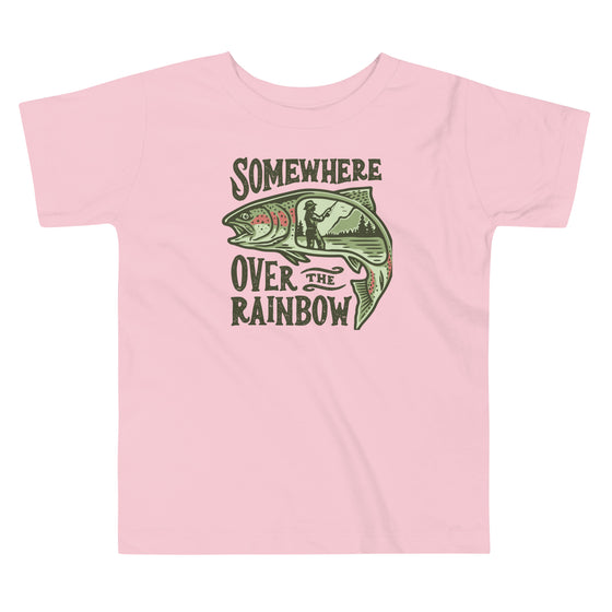 River to Ridge Clothing Brand Somewhere Over the Rainbow Toddler Trout Fishing T shirt with a woman fishing inside of a rainbow trout drawing. Pink