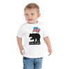 Patriotic Bear Logo from River to Ridge Brand on a toddler t shirt for kids in white. Features a black bear holding a USA flag. Photo of little boy wearing the t shirt