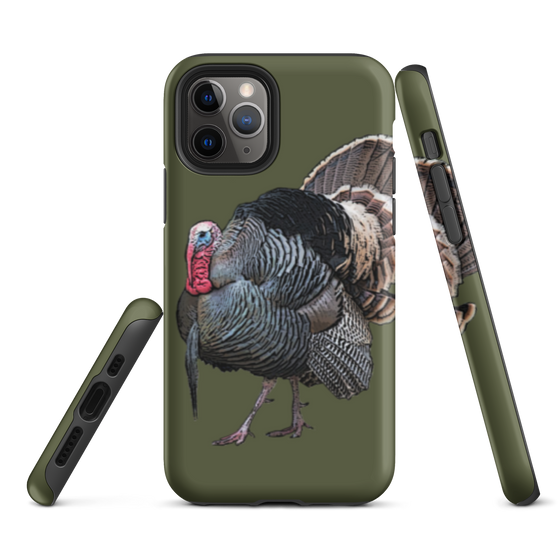 Dual Layer iPhone tough case in olive green with a gobbler turkey on it strutting from River to Ridge Clothing LLC