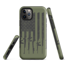  Tactical Logo iPhone Case from River To Ridge Clothing LLC, olive green with USA flag and guns on it