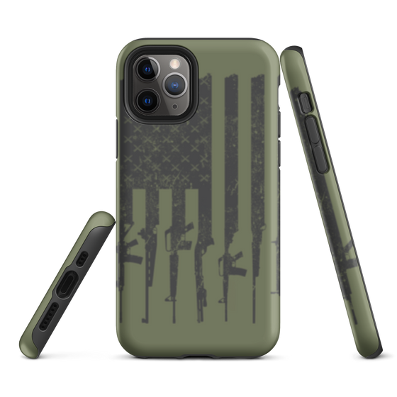 Tactical Logo iPhone Case from River To Ridge Clothing LLC, olive green with USA flag and guns on it