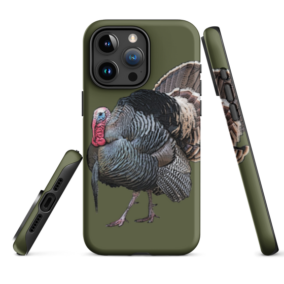 Dual Layer iPhone tough case in olive green with a gobbler turkey on it strutting from River to Ridge Clothing LLC