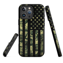  Camo Flag patriotic phone case from River to Ridge Clothing Brand, featuring the american flag in camo and black on an iphone