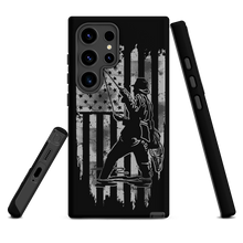  Samsung phone case from River to Ridge Clothing Brand featuring a man fishing in a river over an american USA flag in black and silver